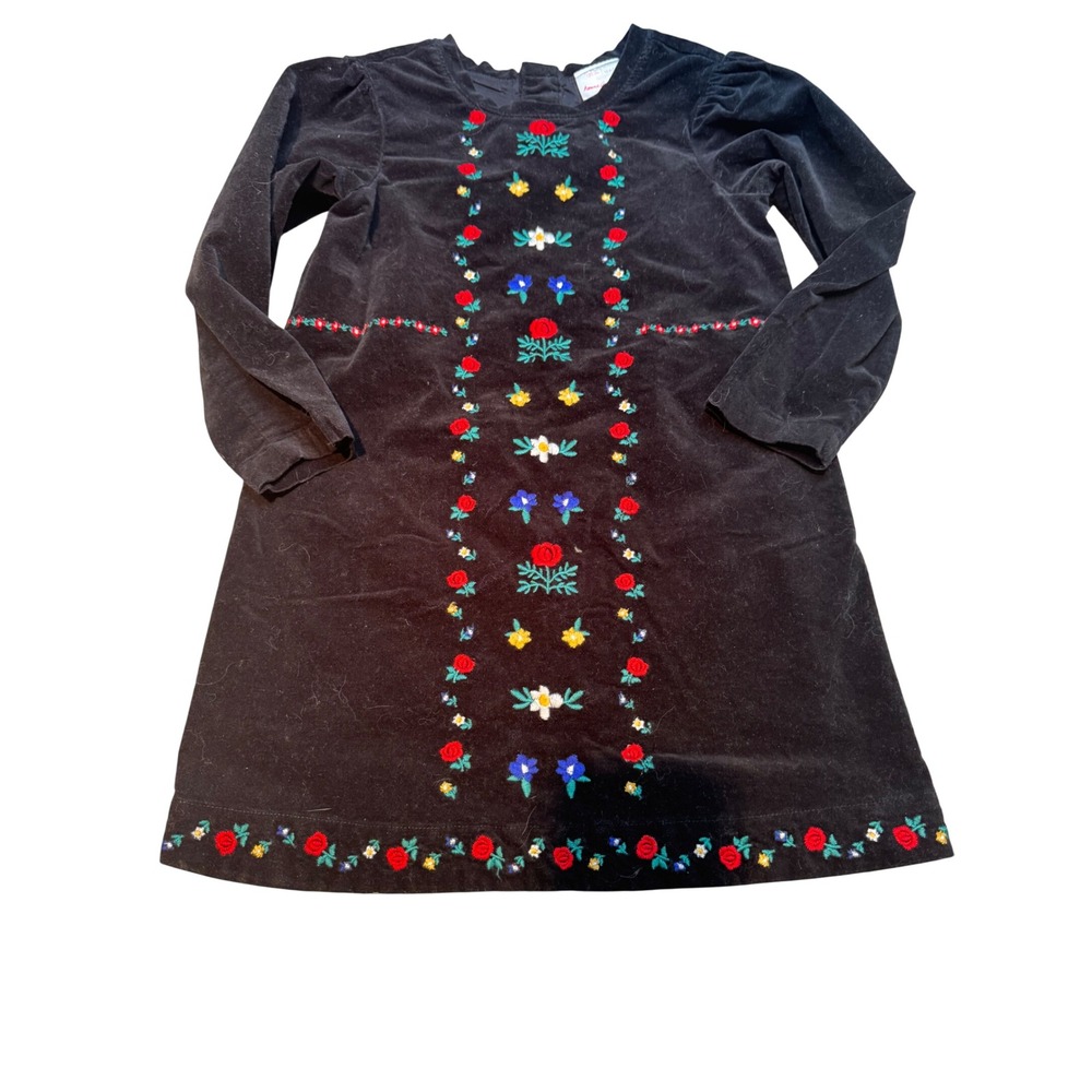 Hanna Andersson Girls Black Velvet Embroidered Floral Dress US 6-7 120cm